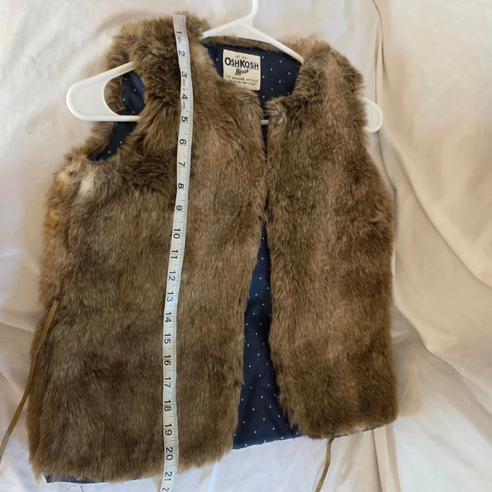 OshKosh Girls Faux Fur Vest Size 10/12 Brown Polka Dot Gold Belt Old Money